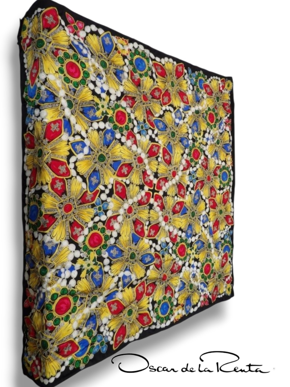 Oscar de la Renta Jeweled Black, Yellow, Blue Green Printed Silk Scarf 35" x 35"